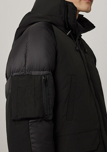Men's Black Hooded Jacket with Quilted Sleeves and Arm Pocket