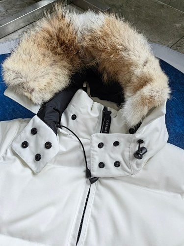 Canada Goose White Hooded Puffer Jacket with Textured Trim