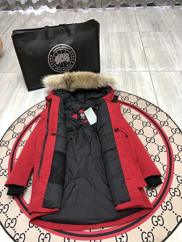 Canada Goose Red Hooded Parka with Textured Trim