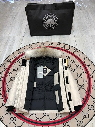 Canada Goose Cream Hooded Parka with Four Flap Pockets