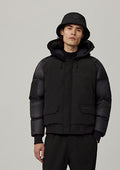 Men's Black Hooded Jacket with Quilted Sleeves and Arm Pocket