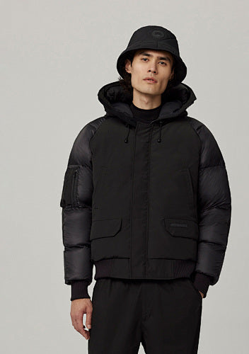 Men's Black Hooded Jacket with Quilted Sleeves and Arm Pocket