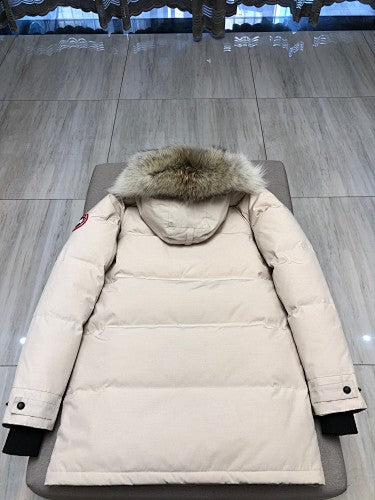Canada Goose Cream Long Hooded Puffer Coat with Flap Pockets