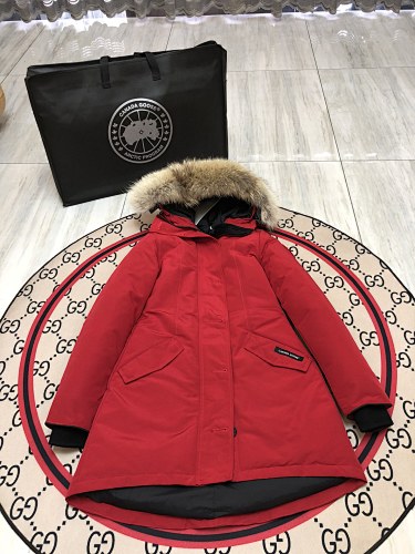 Canada Goose Red Hooded Parka with Textured Trim