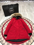 Canada Goose Red Hooded Parka with Textured Trim