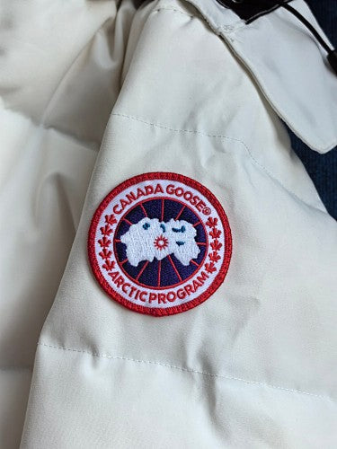 Canada Goose White Hooded Puffer Jacket with Textured Trim
