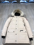 Canada Goose Cream Long Hooded Puffer Coat with Flap Pockets