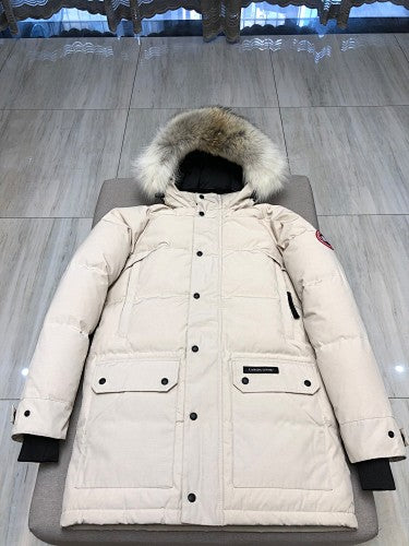 Canada Goose Cream Long Hooded Puffer Coat with Flap Pockets
