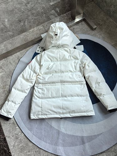 Canada Goose White Hooded Puffer Jacket with Textured Trim