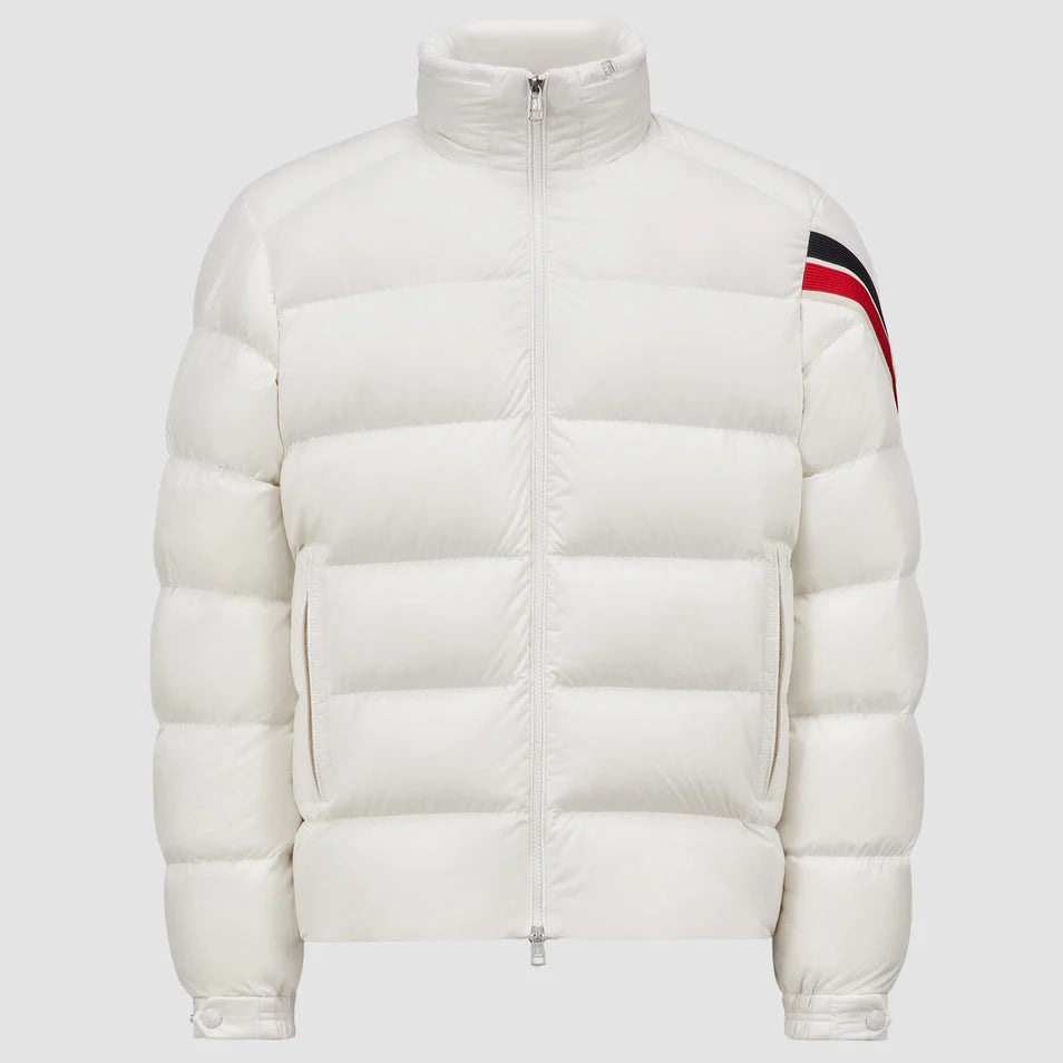 Moncler Off-White Quilted Puffer Jacket with Contrast Sleeve Stripes