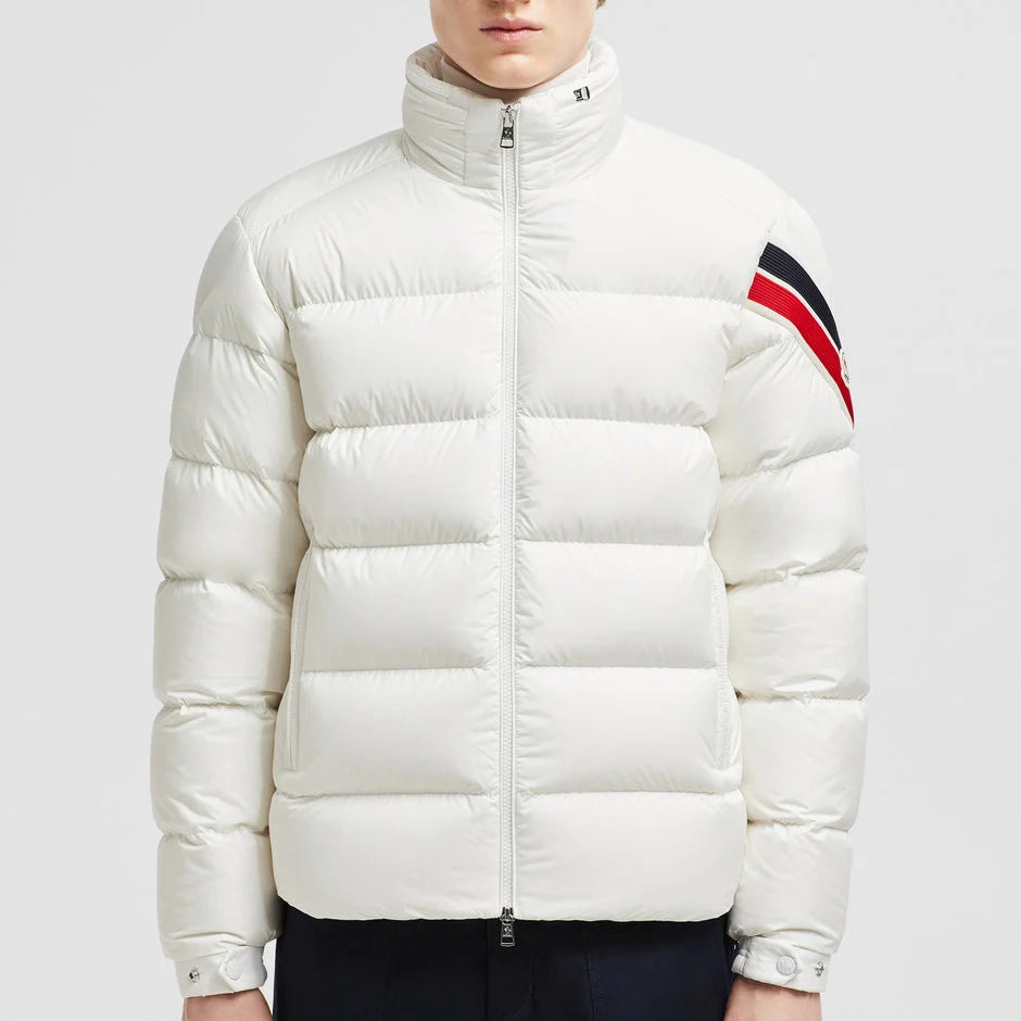 Moncler Off-White Quilted Puffer Jacket with Contrast Sleeve Stripes