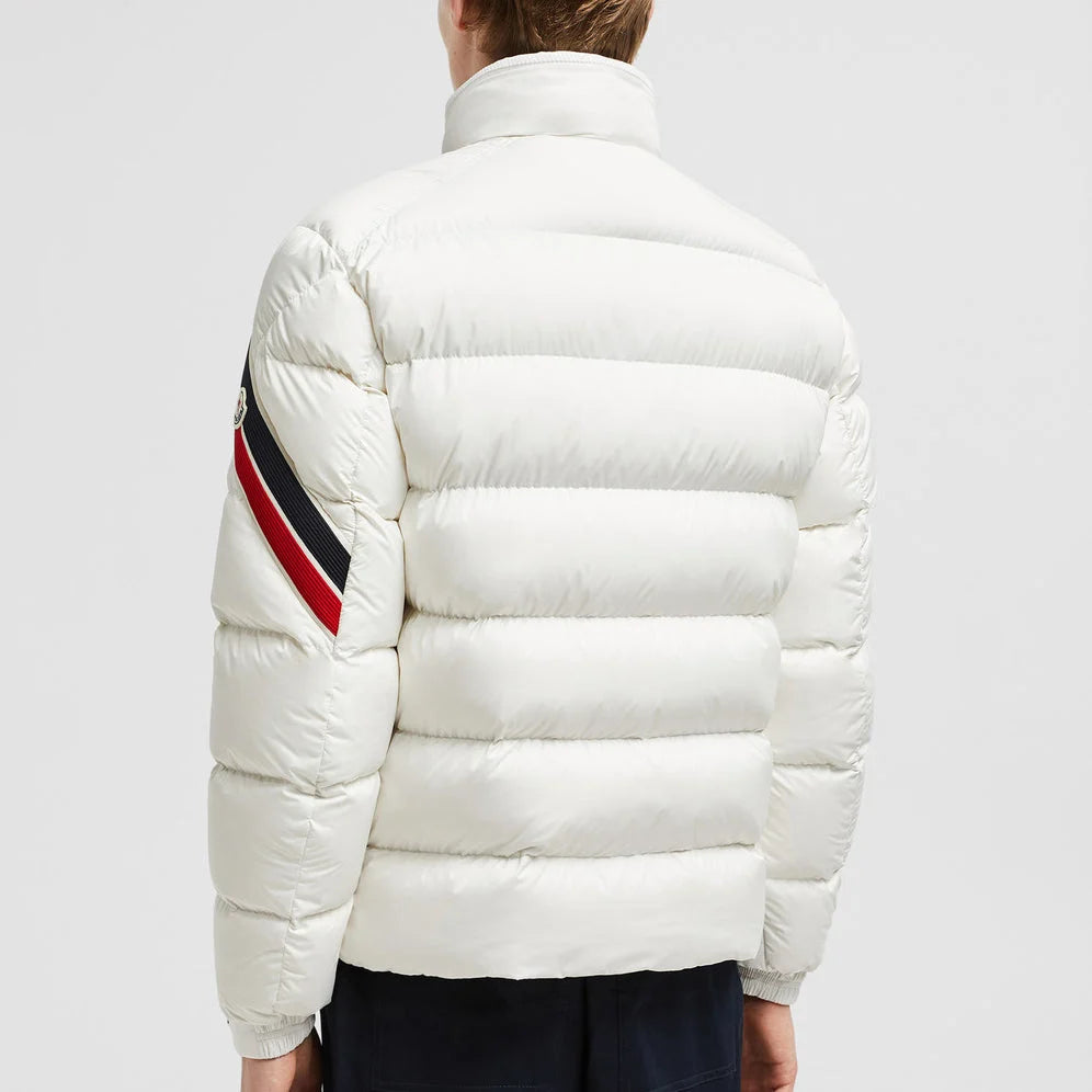 Moncler Off-White Quilted Puffer Jacket with Contrast Sleeve Stripes