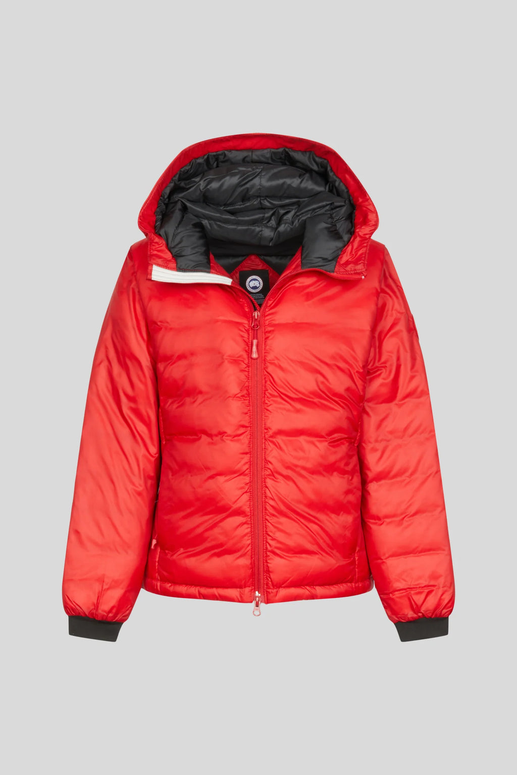 Canada Goose Red Hooded Puffer Jacket with Black Trim
