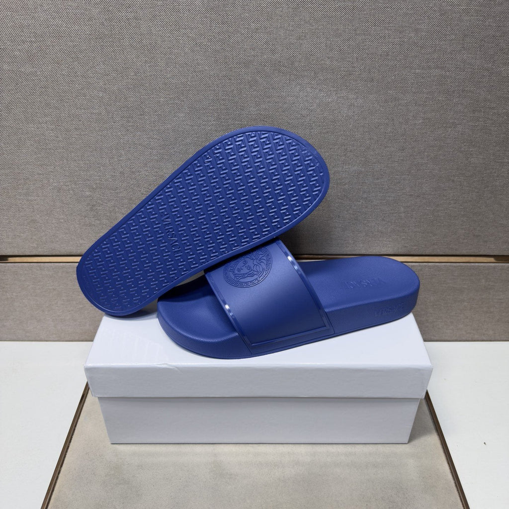 Versace Blue Raised Emblem Slide Sandals
