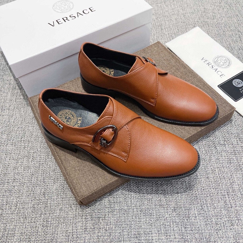 Versace Men's Tan Brown Metal Detail Slip-On Shoes