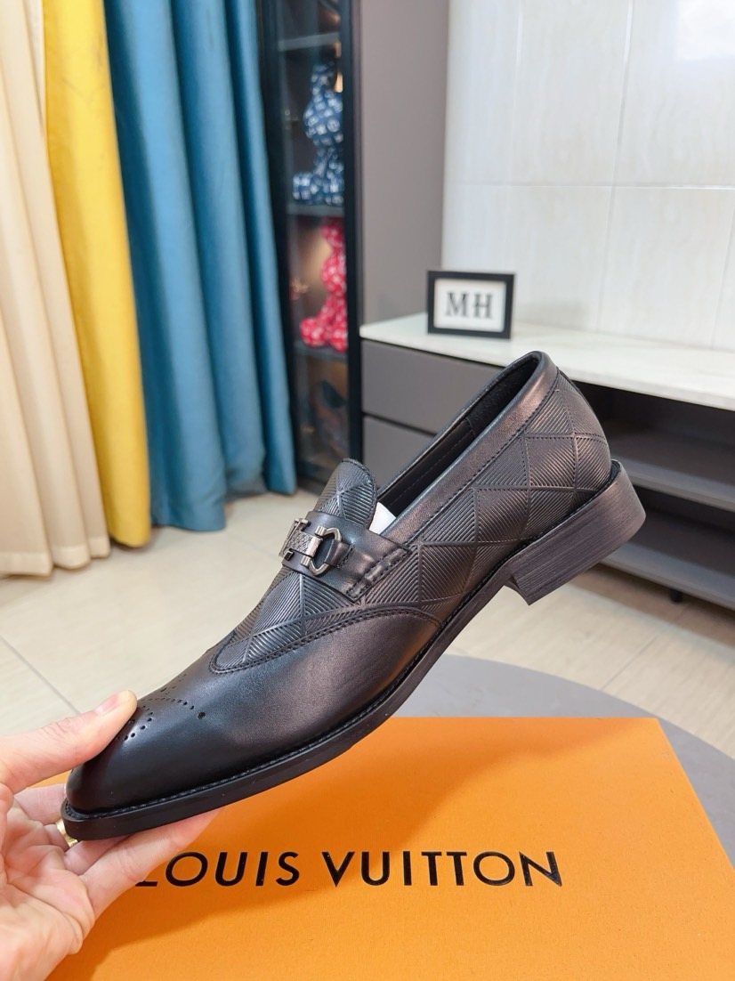 Louis Vuitton Embossed Logo Slip-On Dress Shoes - Dark Charcoal Gray