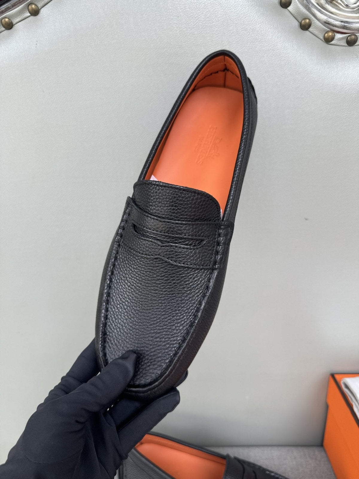 Hermès Men's Black Textured Penny Loafers