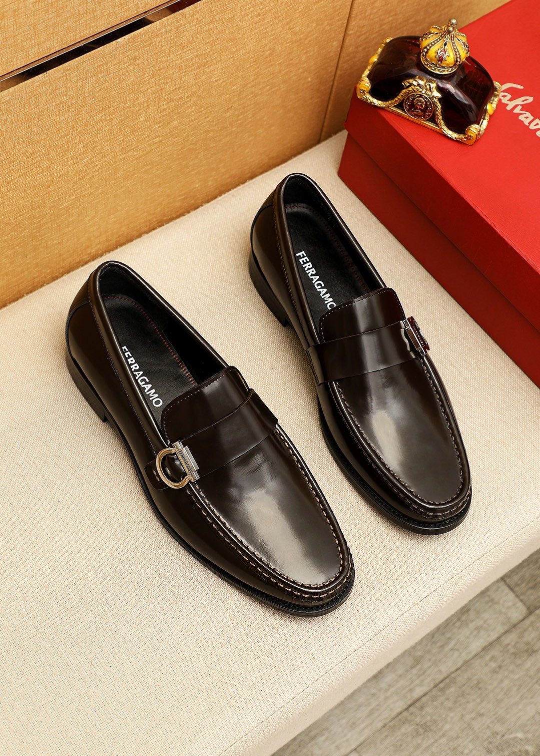 Ferragamo Black Buckle Moc-Toe Loafers