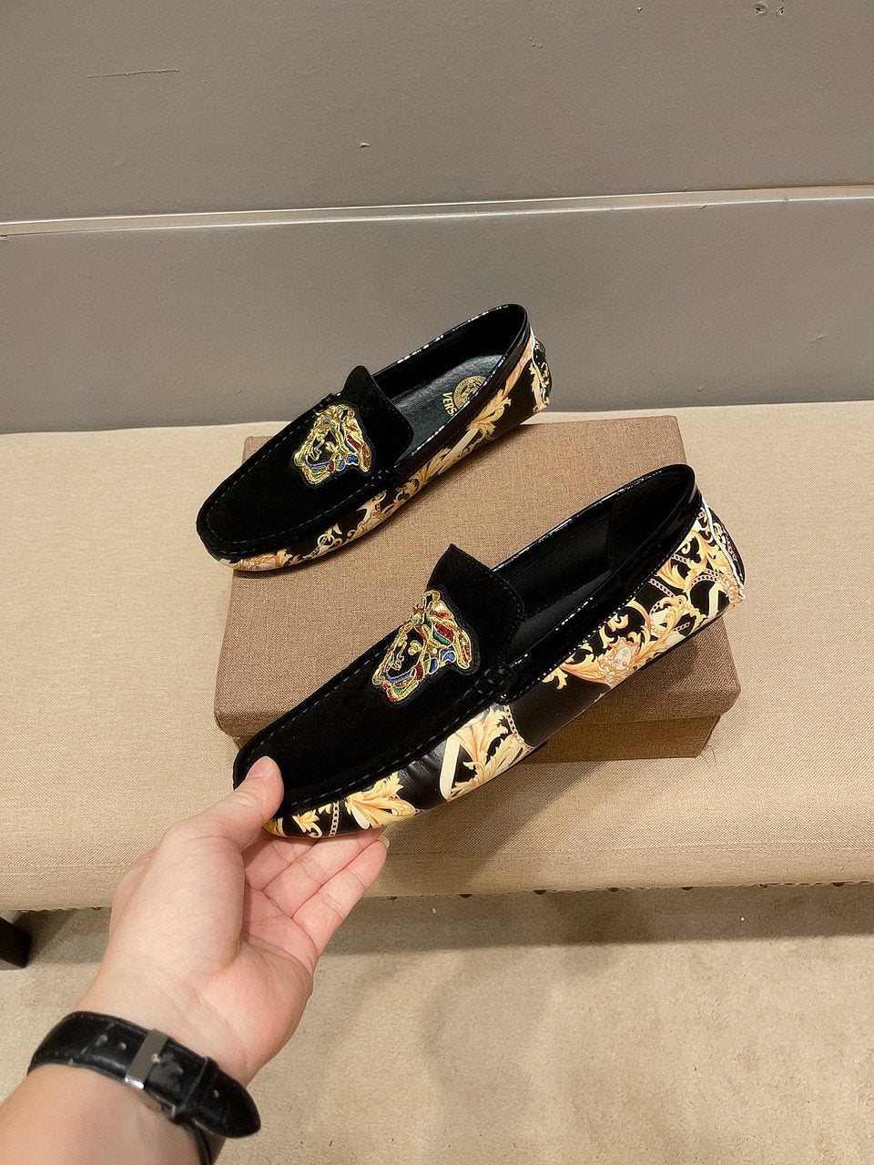 Men's Black Gold Ornamental Slip-On Loafers