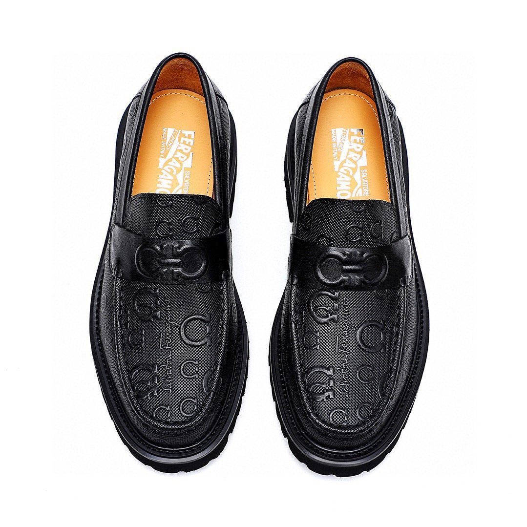 Salvatore Ferragamo Men's Black Embossed Lug Sole Loafers