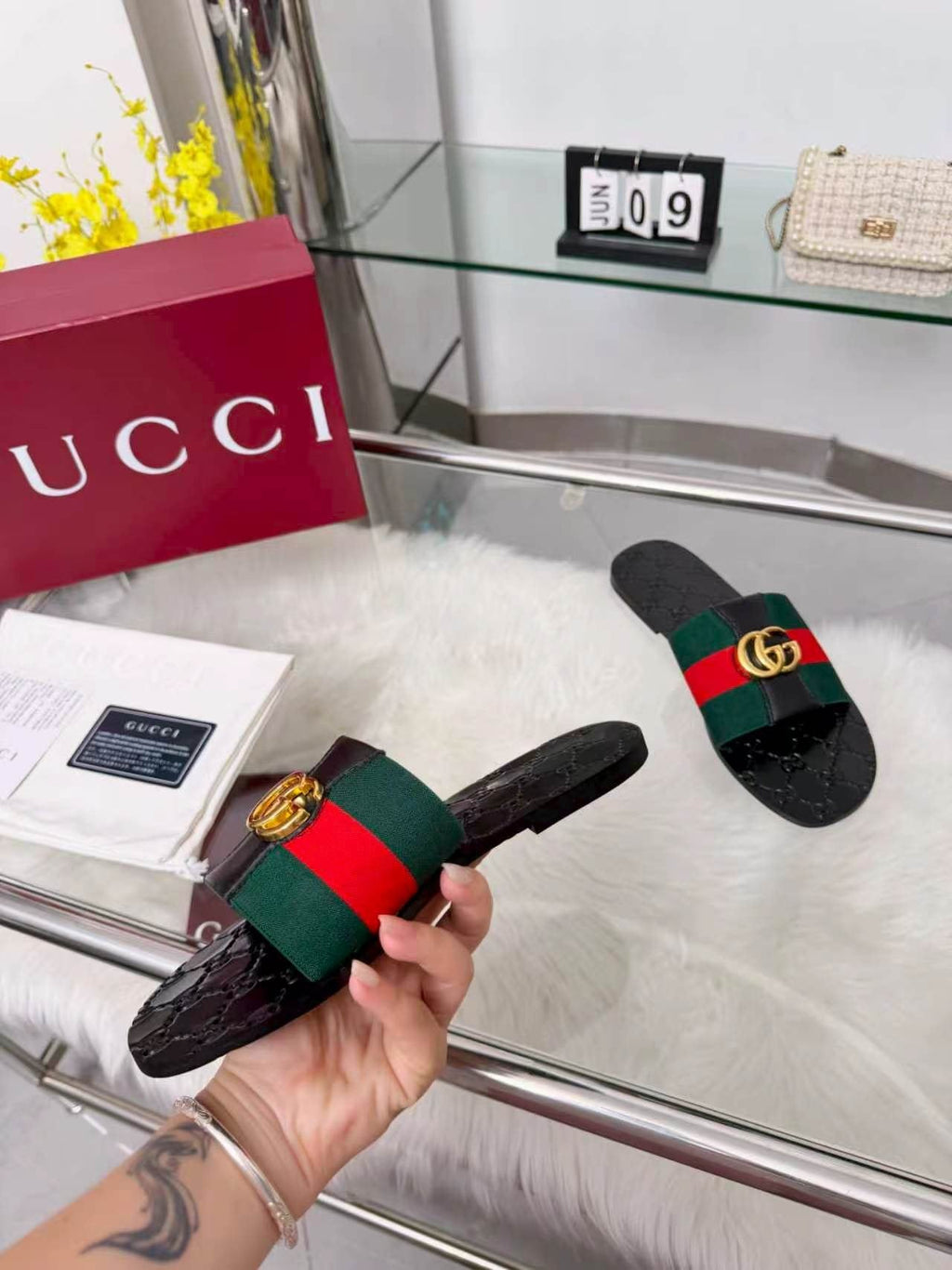 Gucci Black Striped Strap Slide Sandals