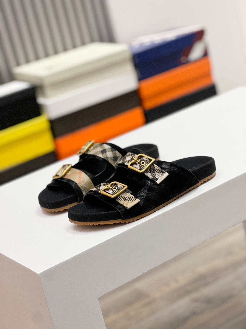Burberry Check Strap Slide Sandals