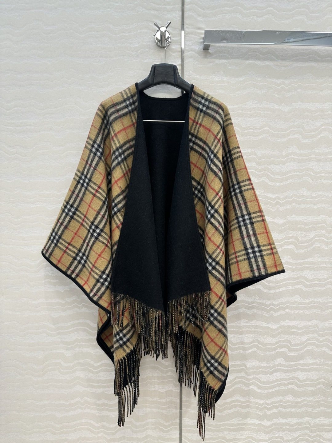 Black Reversible Plaid Fringed Poncho