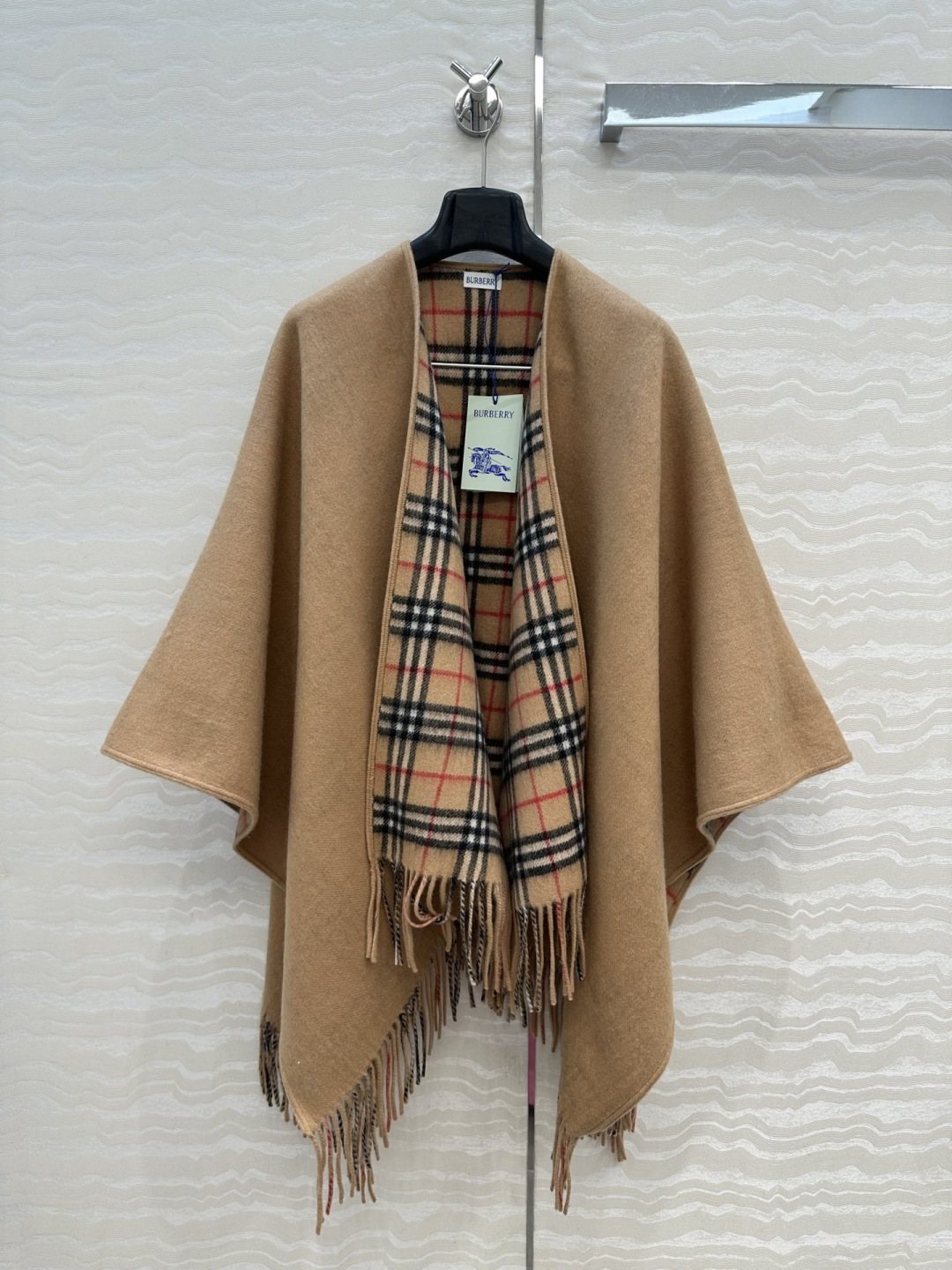 Black Reversible Plaid Fringed Poncho