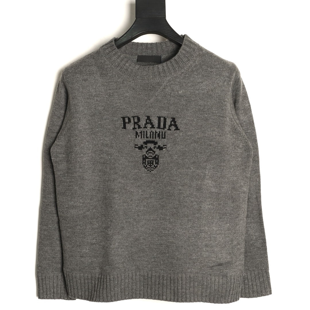 Prada Milano Logo Crewneck Knit Sweater - Gray